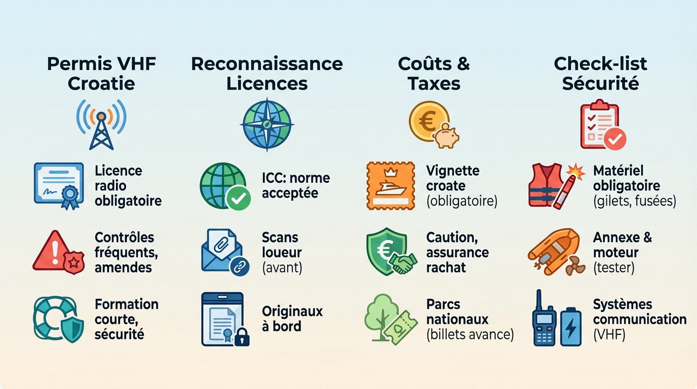 Infographie détaillant les exigences de permis et VHF pour la navigation en Croatie