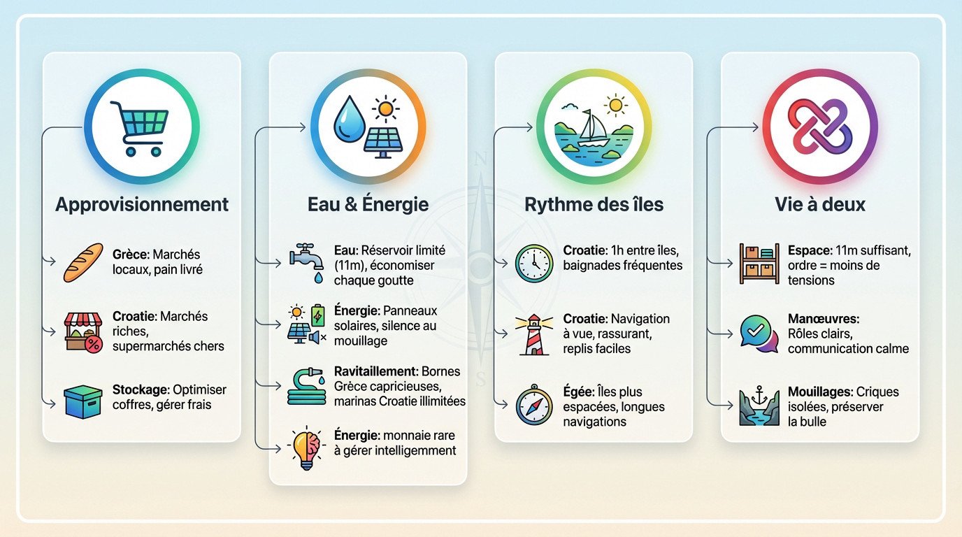 Infographie comparative de la vie à bord d'un voilier de 11m en Grèce et Croatie