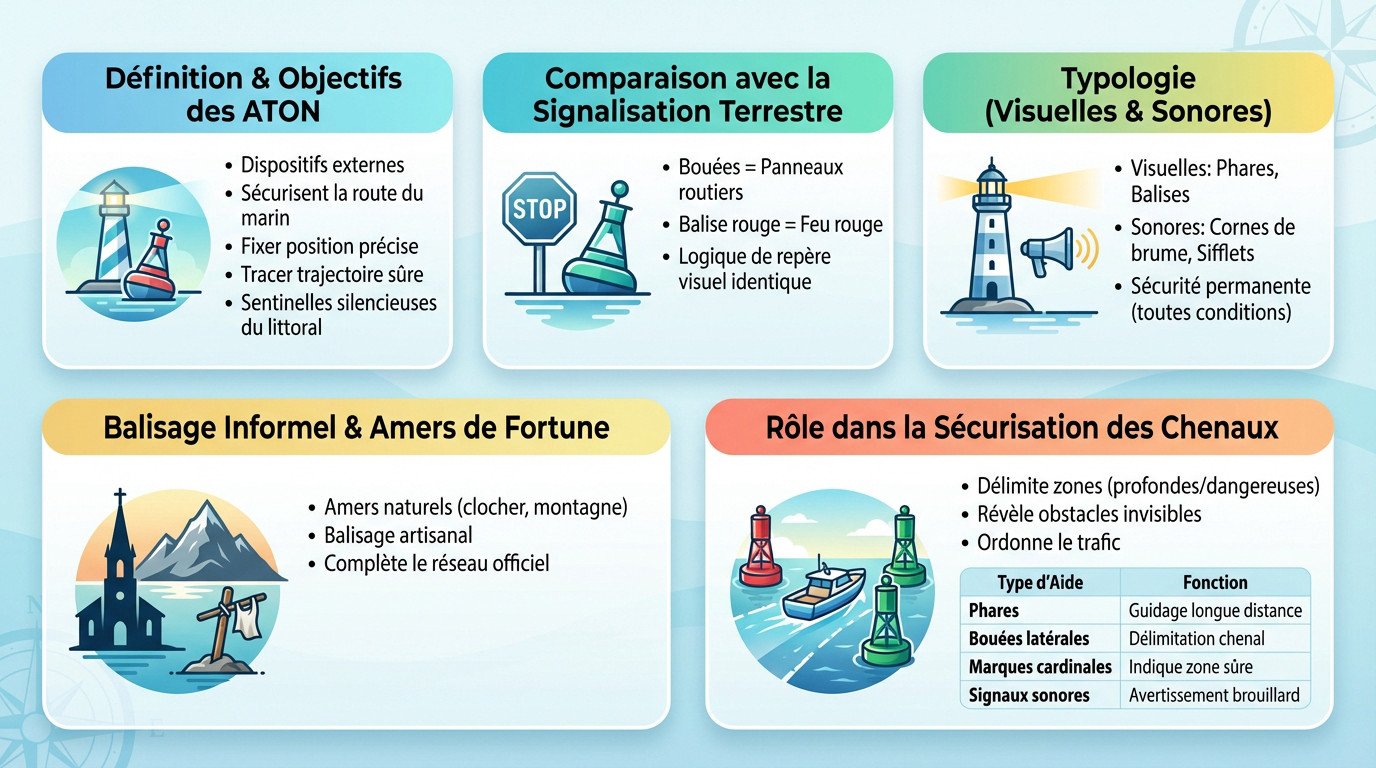 Infographie détaillée présentant les différents types d'aides à la navigation maritime et leurs fonctions