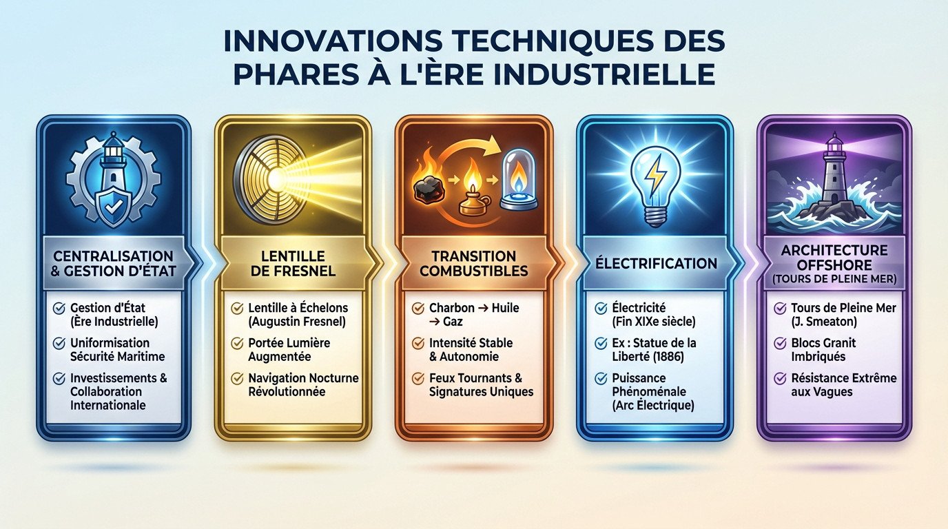 Schéma technique montrant l'innovation de la lentille de Fresnel dans les phares à l'ère industrielle