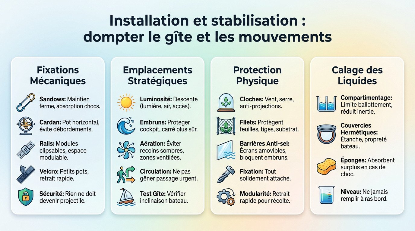 Installation stabilisée d'un potager sur voilier avec système de cardan et fixations