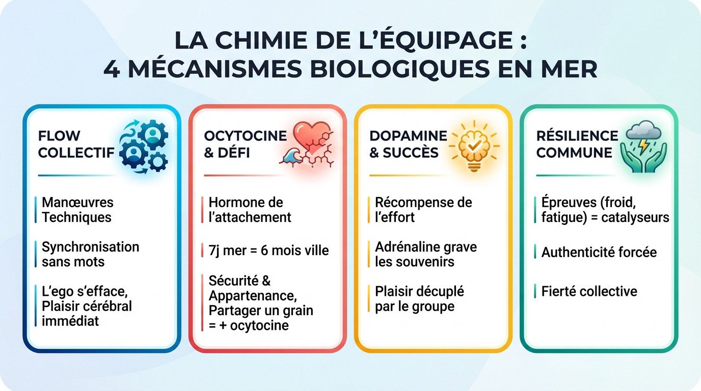 Schéma illustrant les réactions chimiques du cerveau lors d'une navigation en équipage