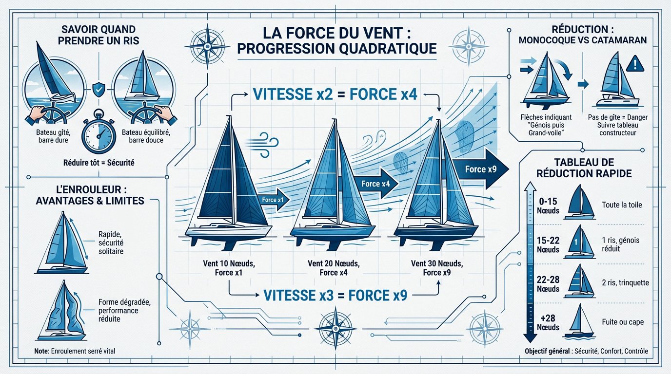 Graphique illustrant l'augmentation exponentielle de la force du vent sur un voilier