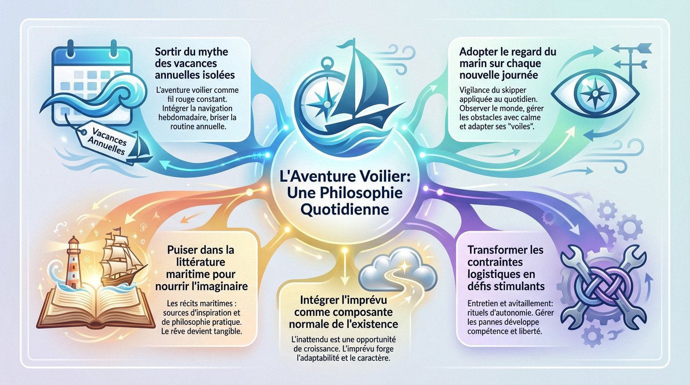 Un voilier de 11 mètres naviguant en pleine mer illustrant l'aventure maritime quotidienne