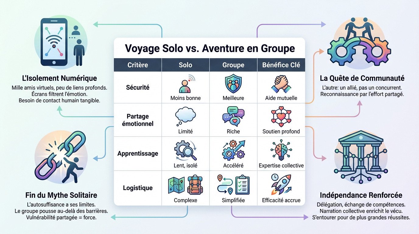 Voyageur solitaire contemplant l'horizon depuis un voilier, illustrant le dilemme entre indépendance et besoin de communauté