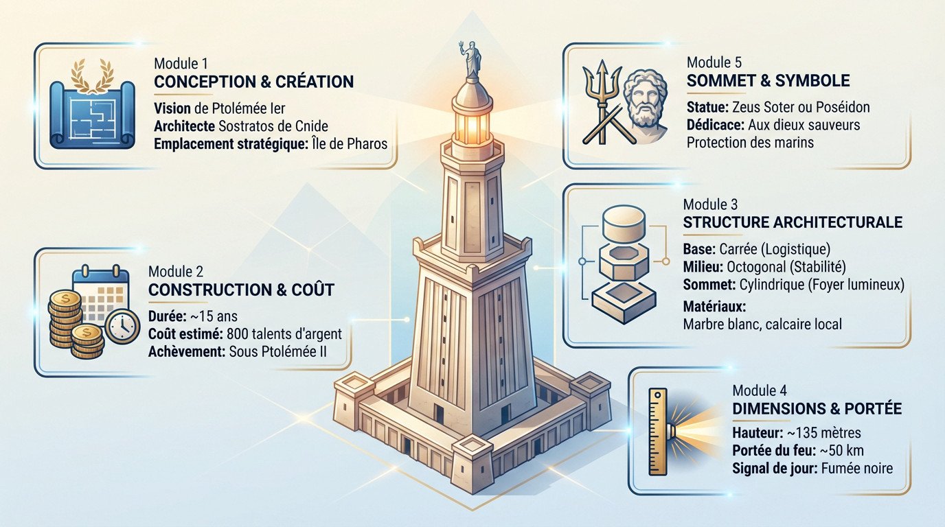 Reconstitution 3D du Phare d'Alexandrie montrant sa structure à trois étages et son emplacement côtier