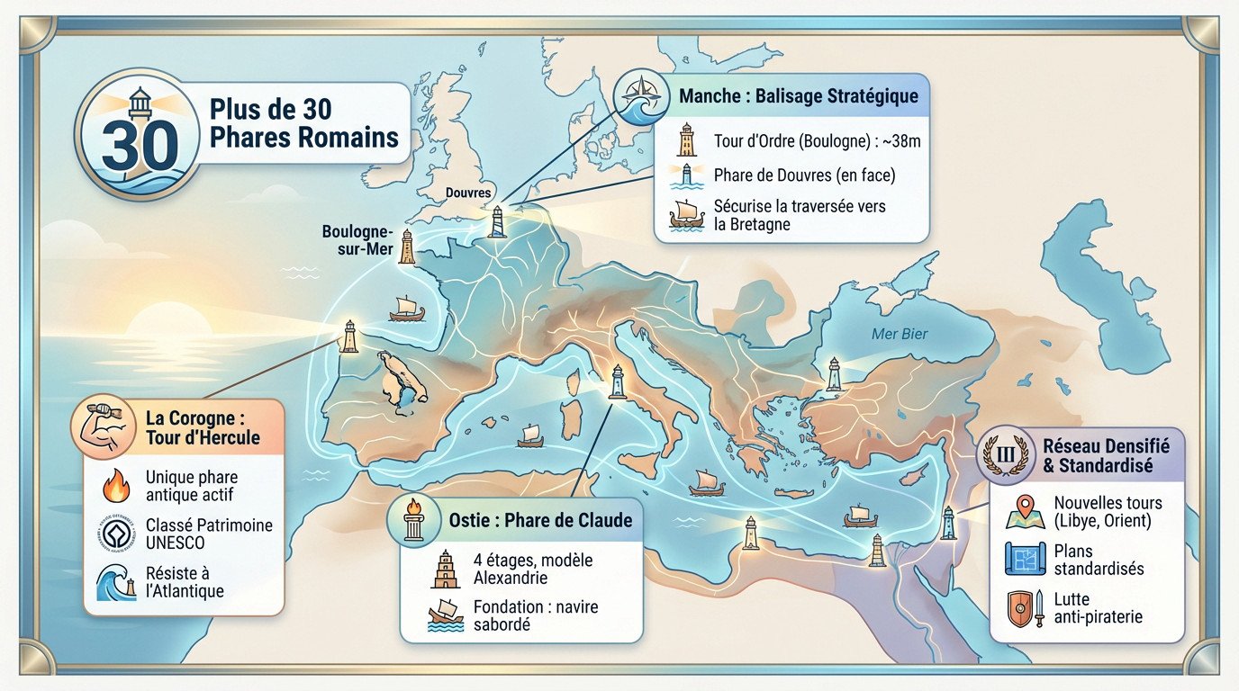 Carte illustrant le réseau stratégique des phares dans l'Empire romain, de la Méditerranée à l'Atlantique