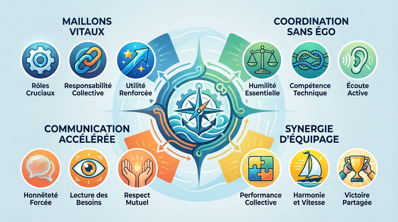 Equipage collaborant sur un voilier de 11 mètres en pleine mer