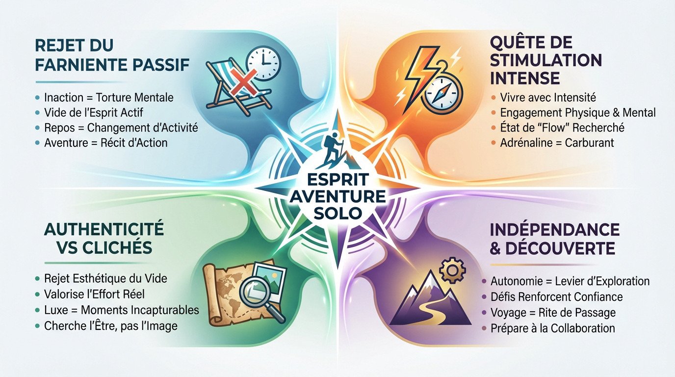 Voyageur solo actif contemplant l'horizon depuis un voilier, rejetant le farniente passif