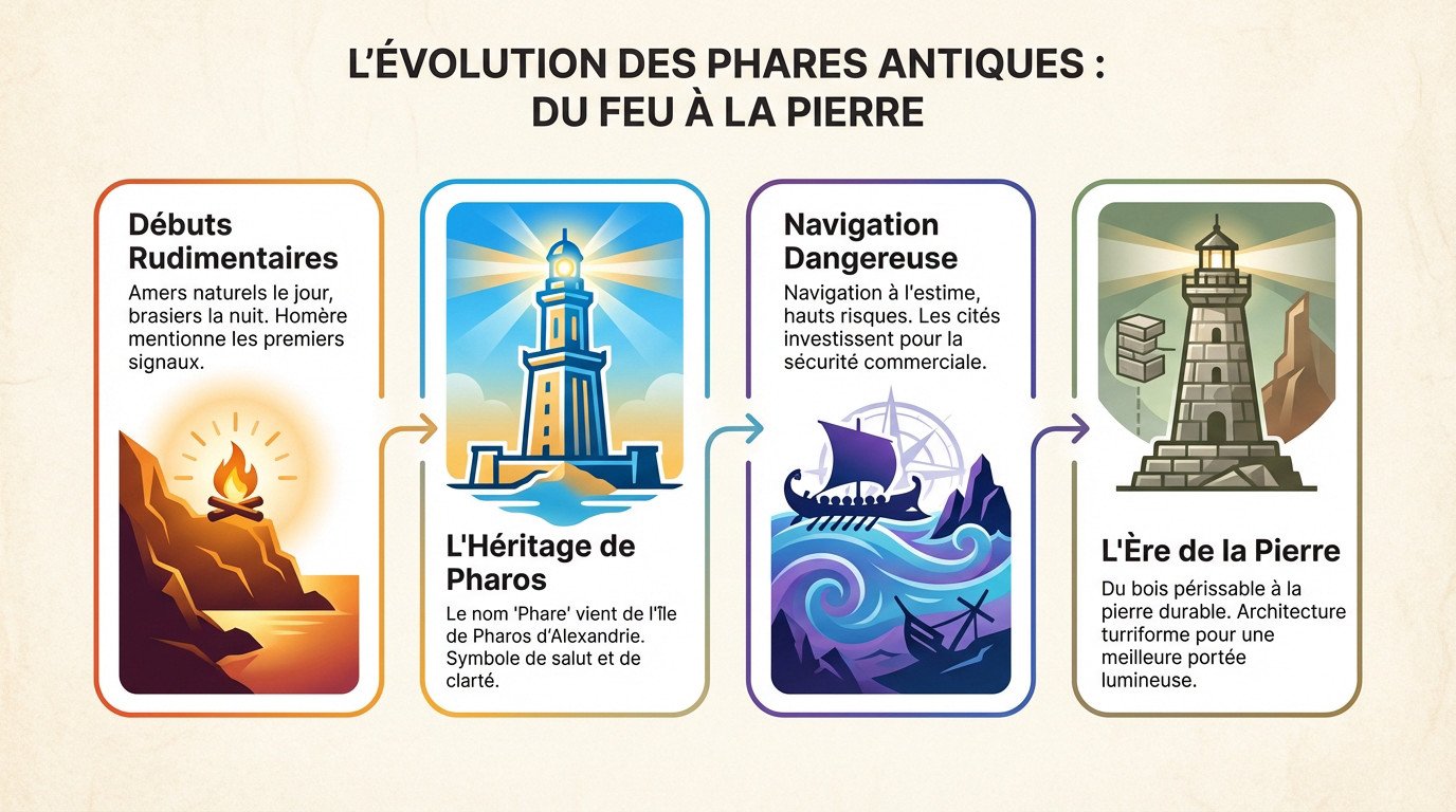 Illustration de l'évolution des phares antiques, passant des feux de bois aux tours de pierre