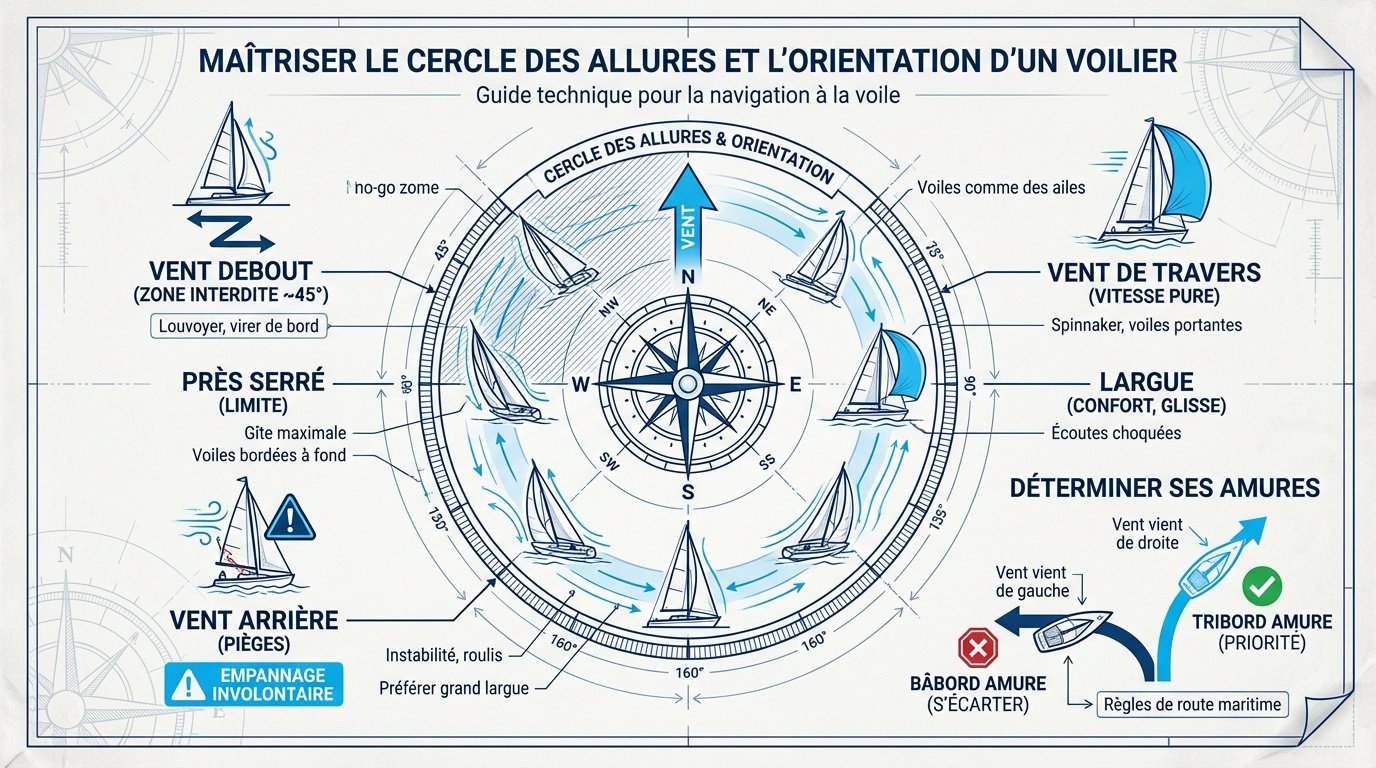 Schéma pédagogique du cercle des allures pour un voilier de croisière