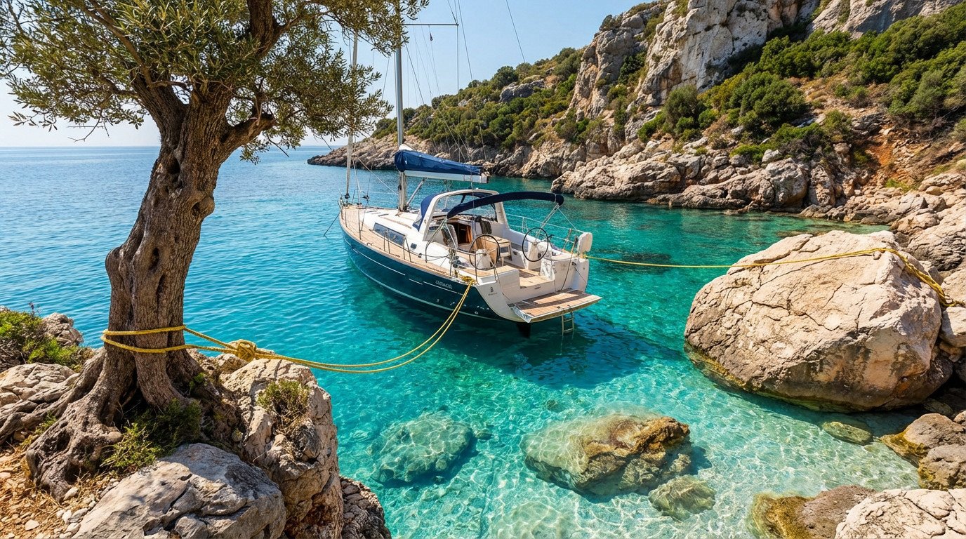 Photorealistic wide-angle of a sailboat stern-to-shore in a clear turquoise Mediterranean cove, moored to an olive tree and rock.