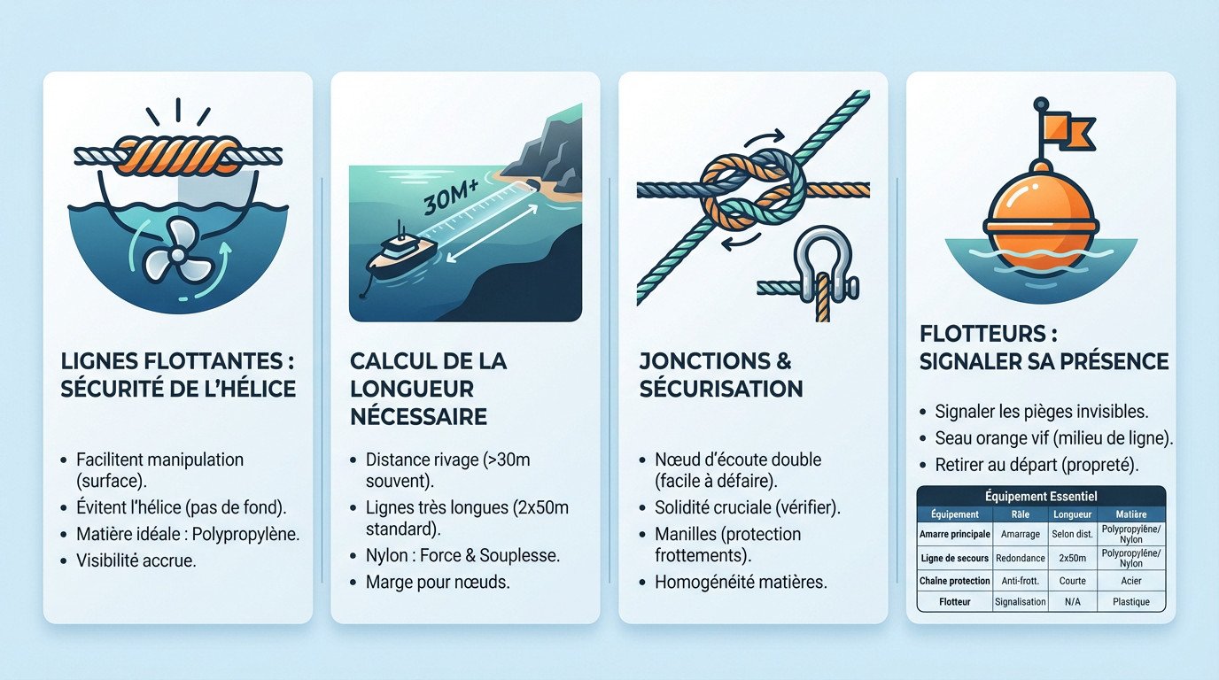 Schéma technique montrant le calcul des lignes d'amarrage, les jonctions de cordage et le positionnement des flotteurs