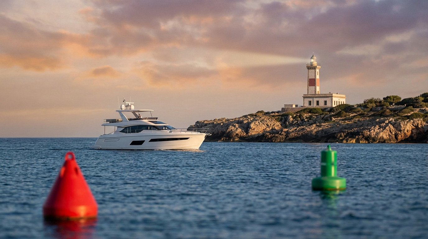 Photorealistic image of a modern yacht sailing past red and green buoys with a classic lighthouse on a rocky coast at golden hour.