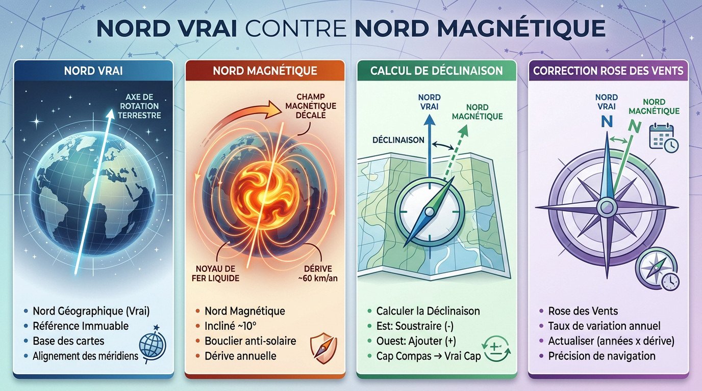 Schéma illustrant la différence entre le nord géographique vrai et le nord magnétique sur une carte marine