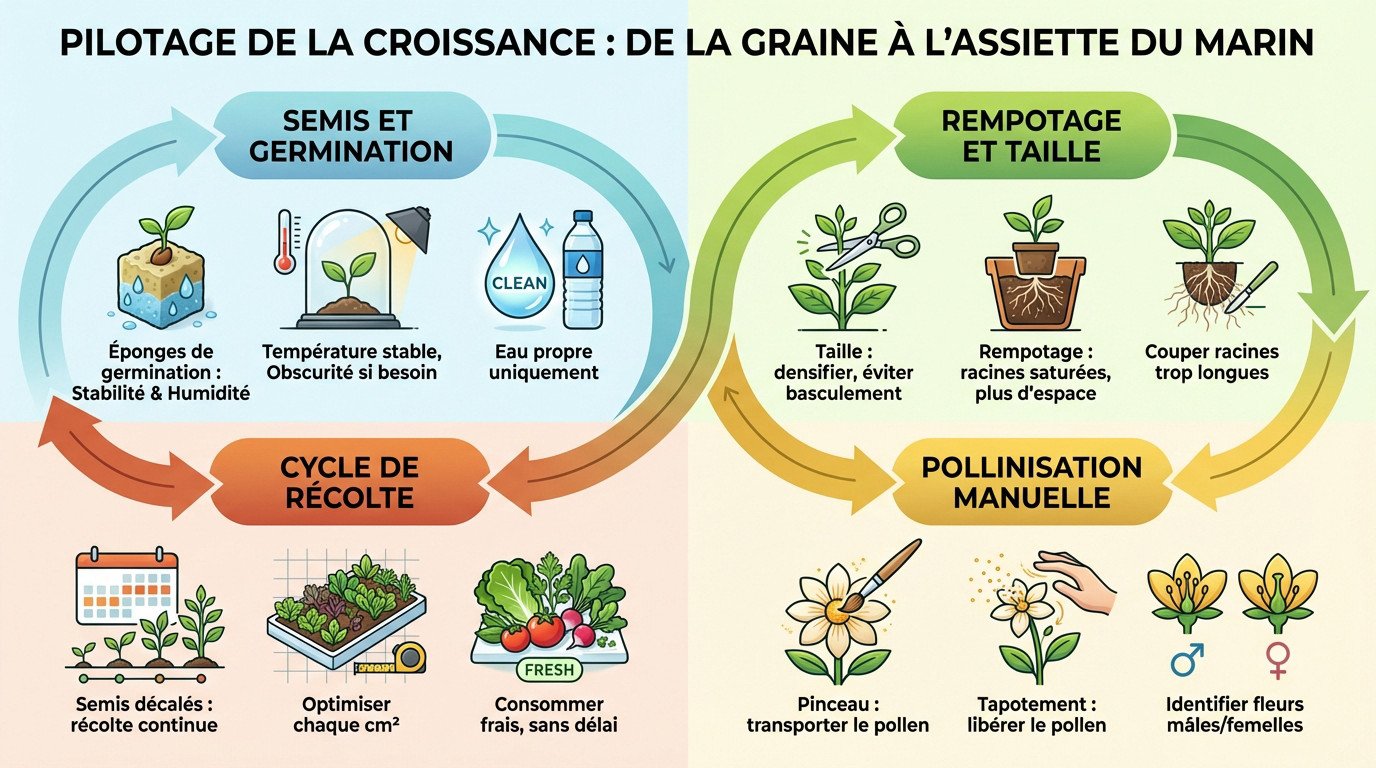 Jeune pousse en système hydroponique à bord d'un voilier, illustrant le début du cycle de culture