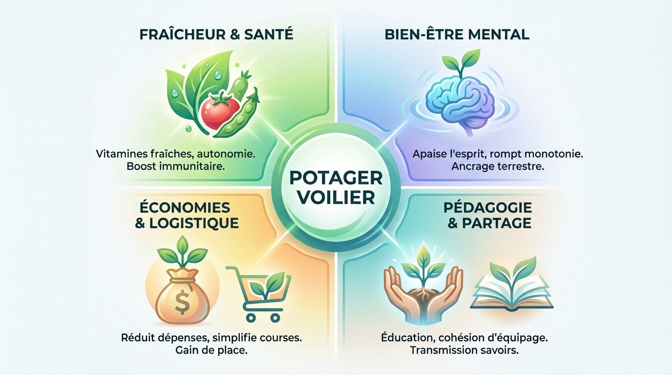 Schéma illustrant les avantages d'un potager sur un voilier : fraîcheur, moral, économies et pédagogie