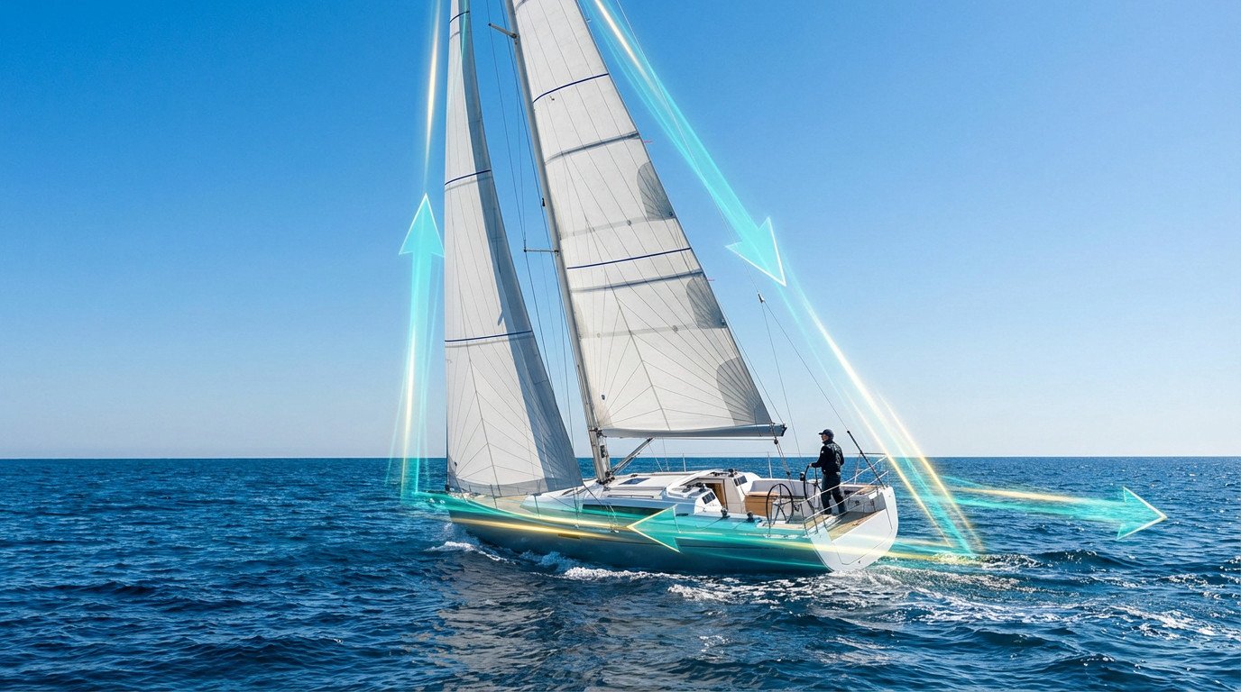 Modern monohull sailboat on blue ocean, full white sails, figure in cockpit. Luminous teal/golden lines show wind dynamics.