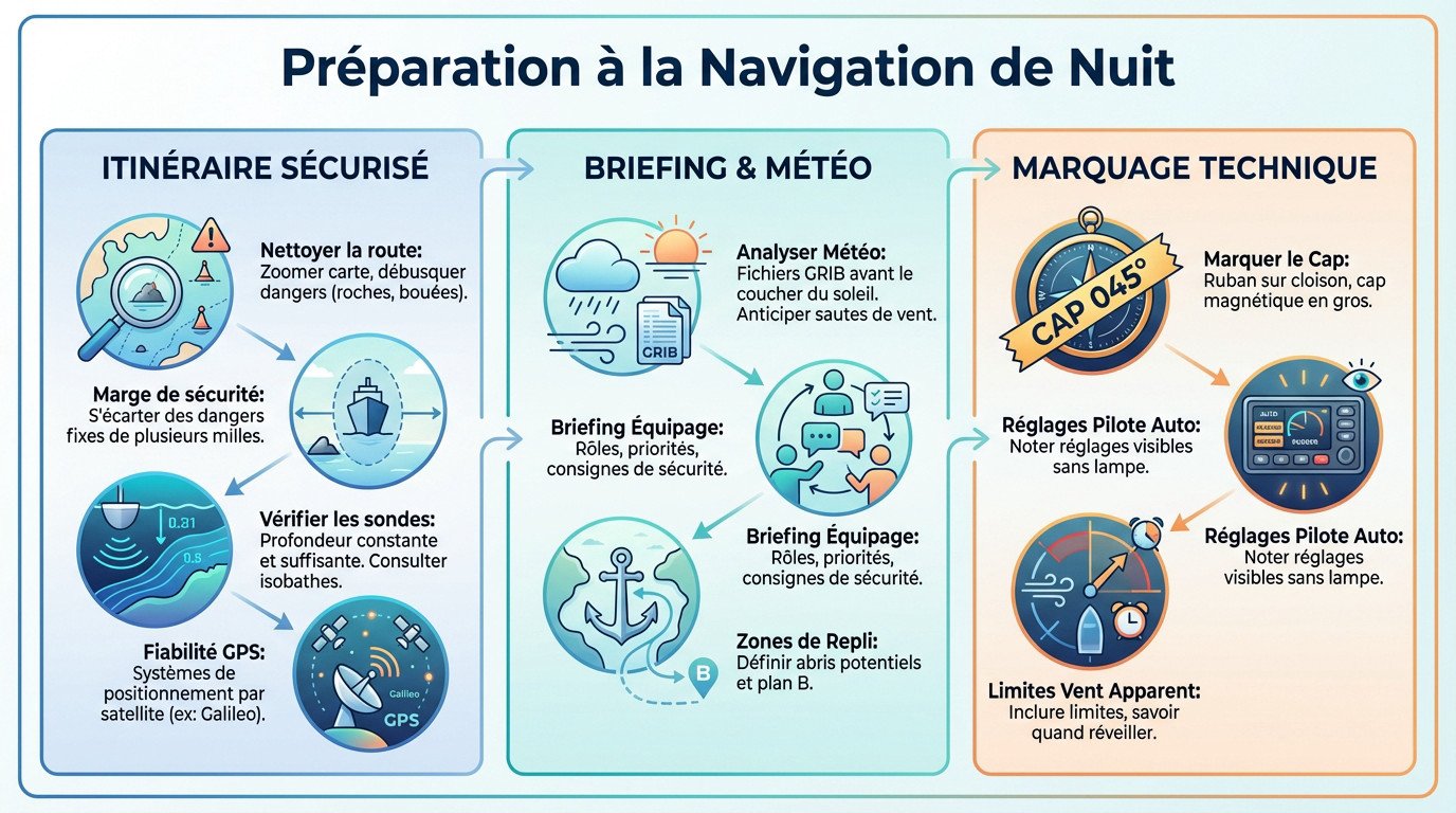 Préparation minutieuse de l'itinéraire sur carte électronique avant une navigation de nuit