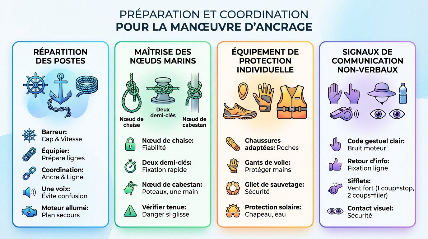 Coordination de l'équipage lors de l'amarrage avec une longue ligne à terre
