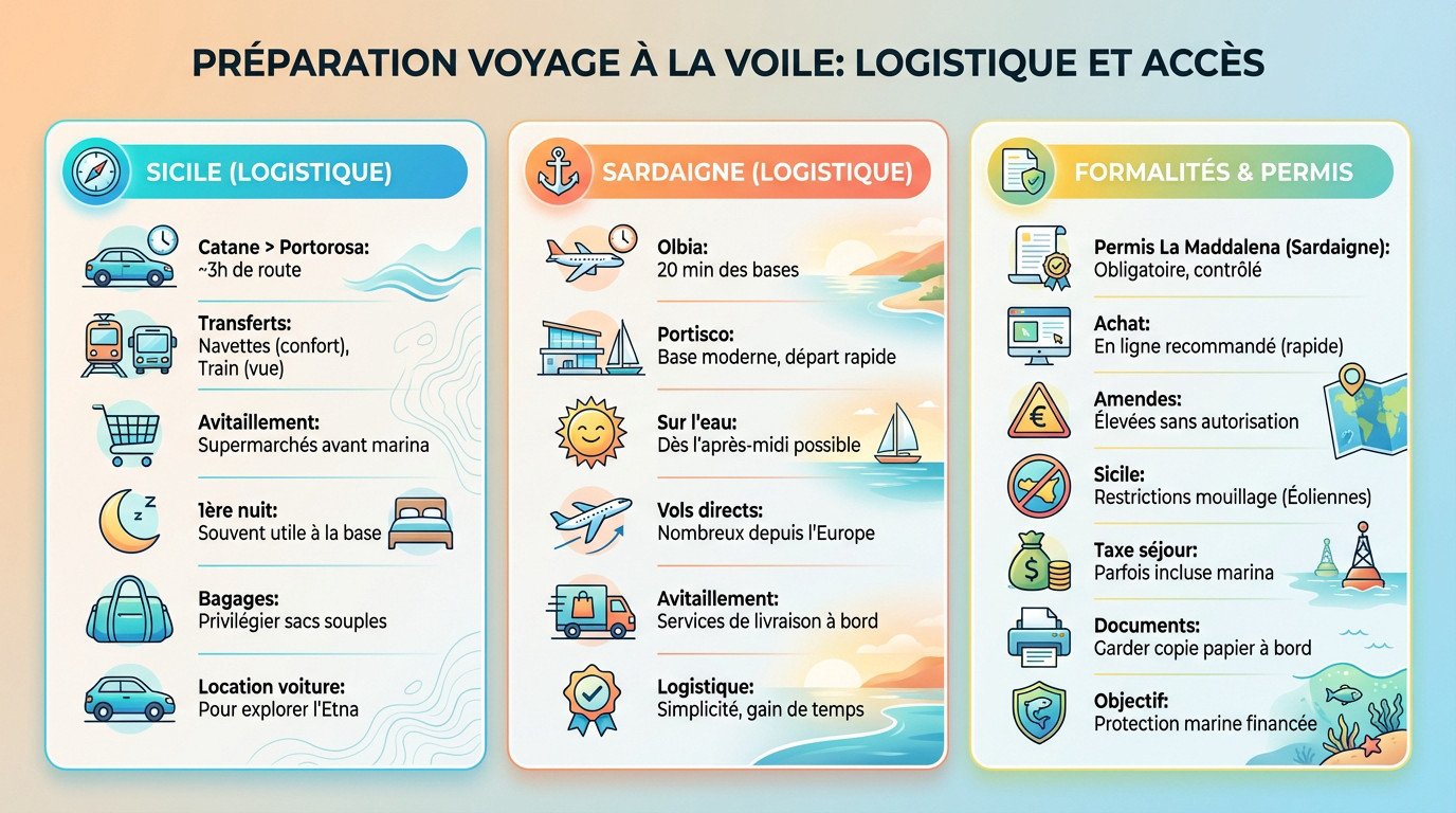 Préparation logistique voyage voilier Sicile Sardaigne bagages et transport