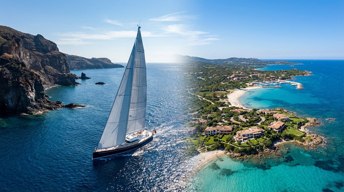 A sleek sailing yacht navigates a split Mediterranean scene: rugged volcanic cliffs left, lush sandy beaches with luxury villas right. Clear blue waters transition from deep blue to turquoise under bright sun.