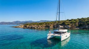 A sleek white catamaran with two people on deck sails on clear turquoise waters near a rocky, vegetated coastline and distant mountains under a blue sky.