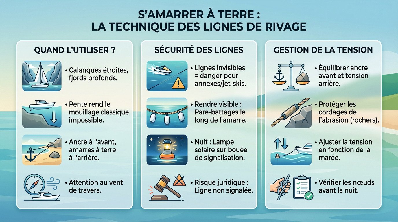 Technique d'amarrage avec lignes de rivage dans une crique étroite