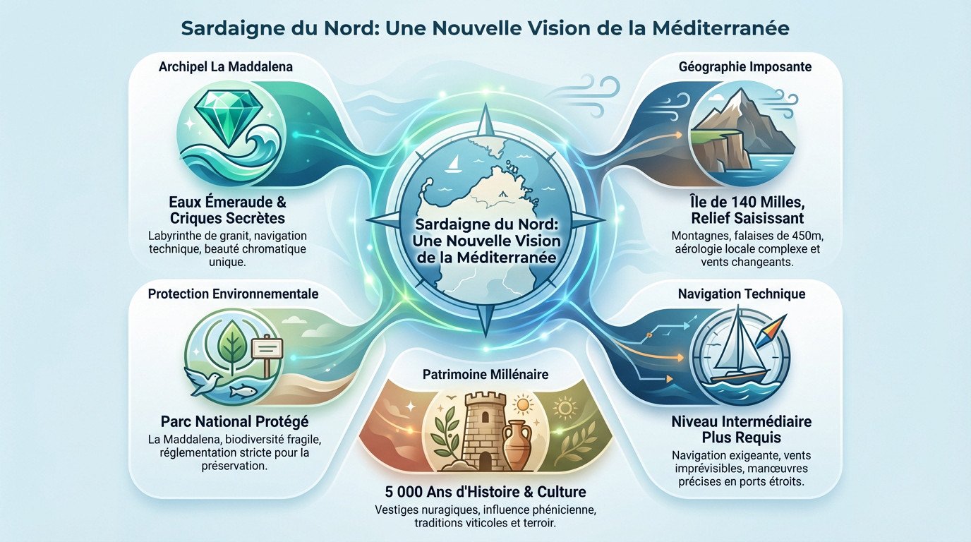 Voilier naviguant près des côtes rocheuses de la Sardaigne du Nord et de l'archipel de La Maddalena