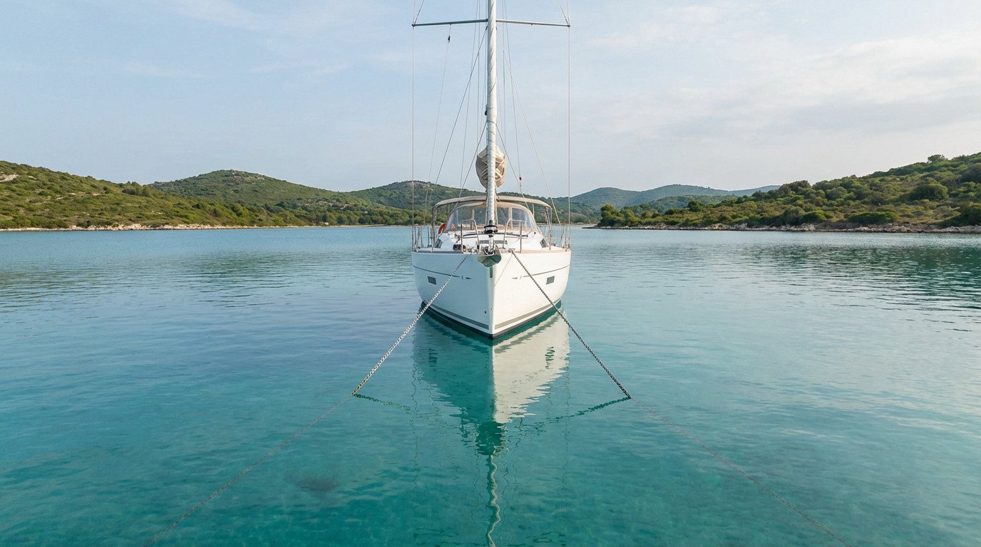 A white sailboat is perfectly centered in a clear, turquoise bay, securely held by two visible anchor lines. Green hills line the background under a bright sky.