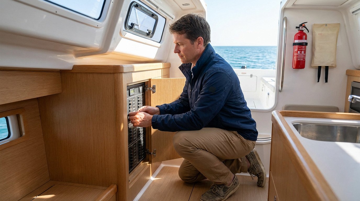 Homme inspectant un panneau électrique à bord d'un voilier, avec un extincteur et une couverture anti-feu visibles en arrière-plan.