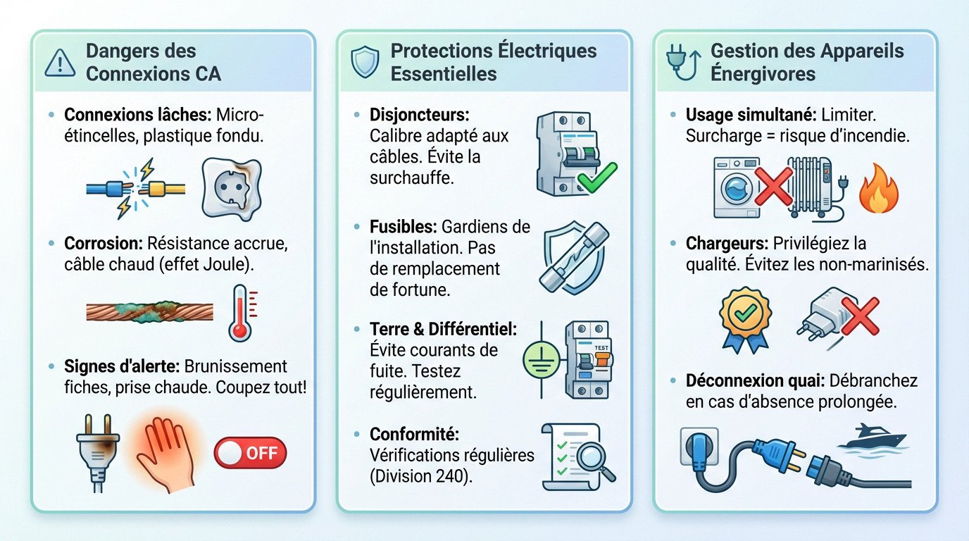 Schéma de sécurité électrique CA pour voilier incluant protections et gestion des risques