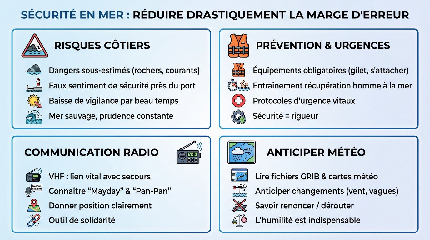 Skipper vérifiant son matériel de sécurité sur un voilier en mer agitée