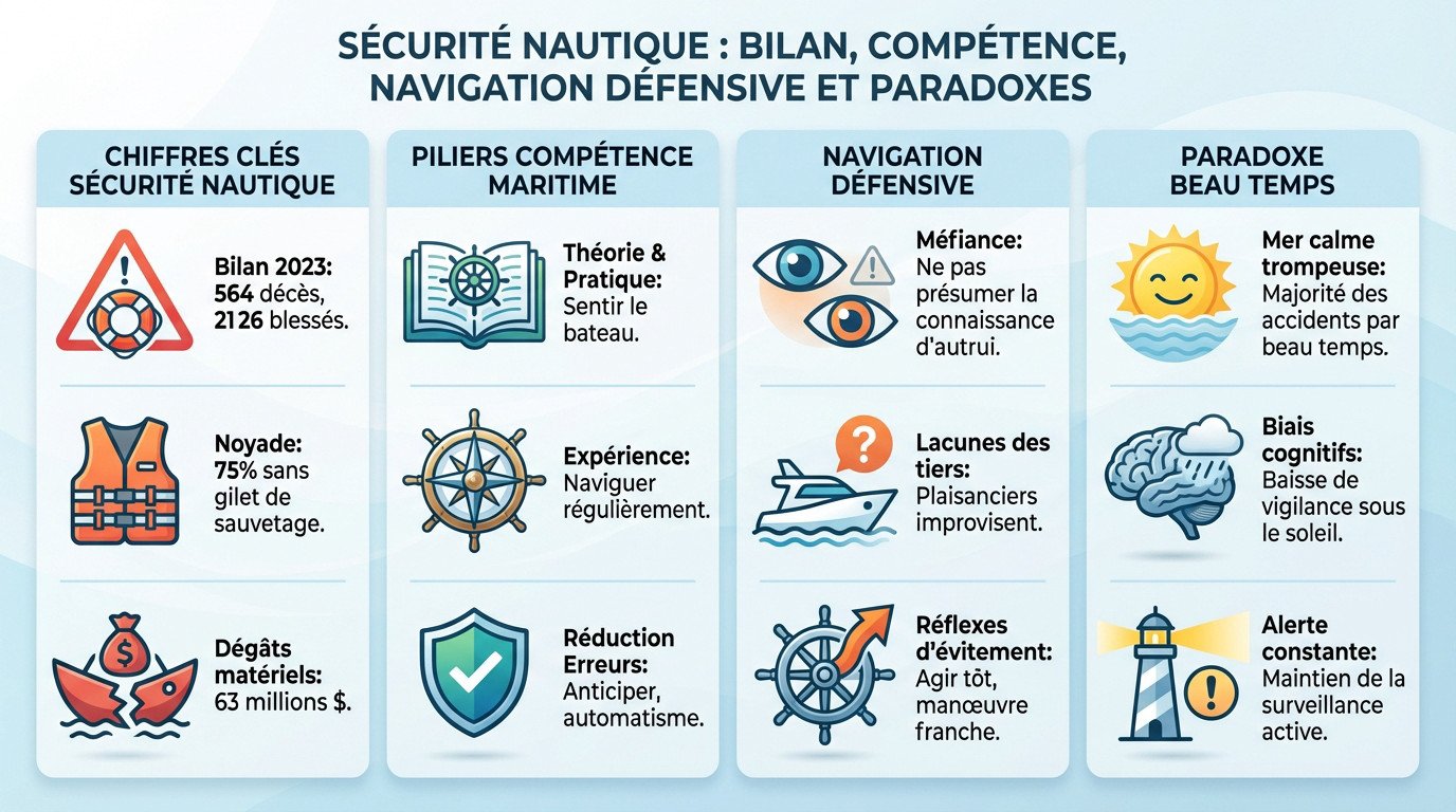 Illustration des dangers en mer : météo calme trompeuse et importance des équipements de sécurité