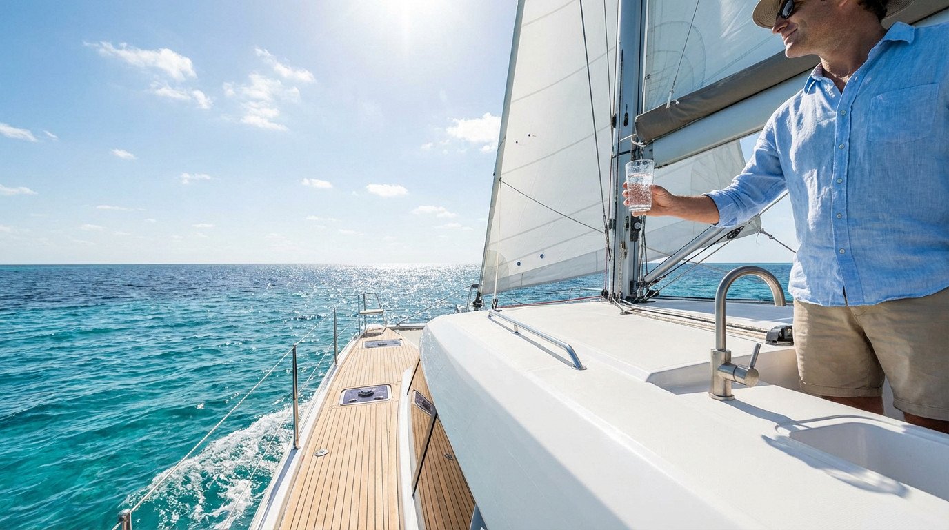 A man on a modern sailing catamaran deck sips fresh water from a tap, surrounded by clear turquoise ocean under a sunny sky.
