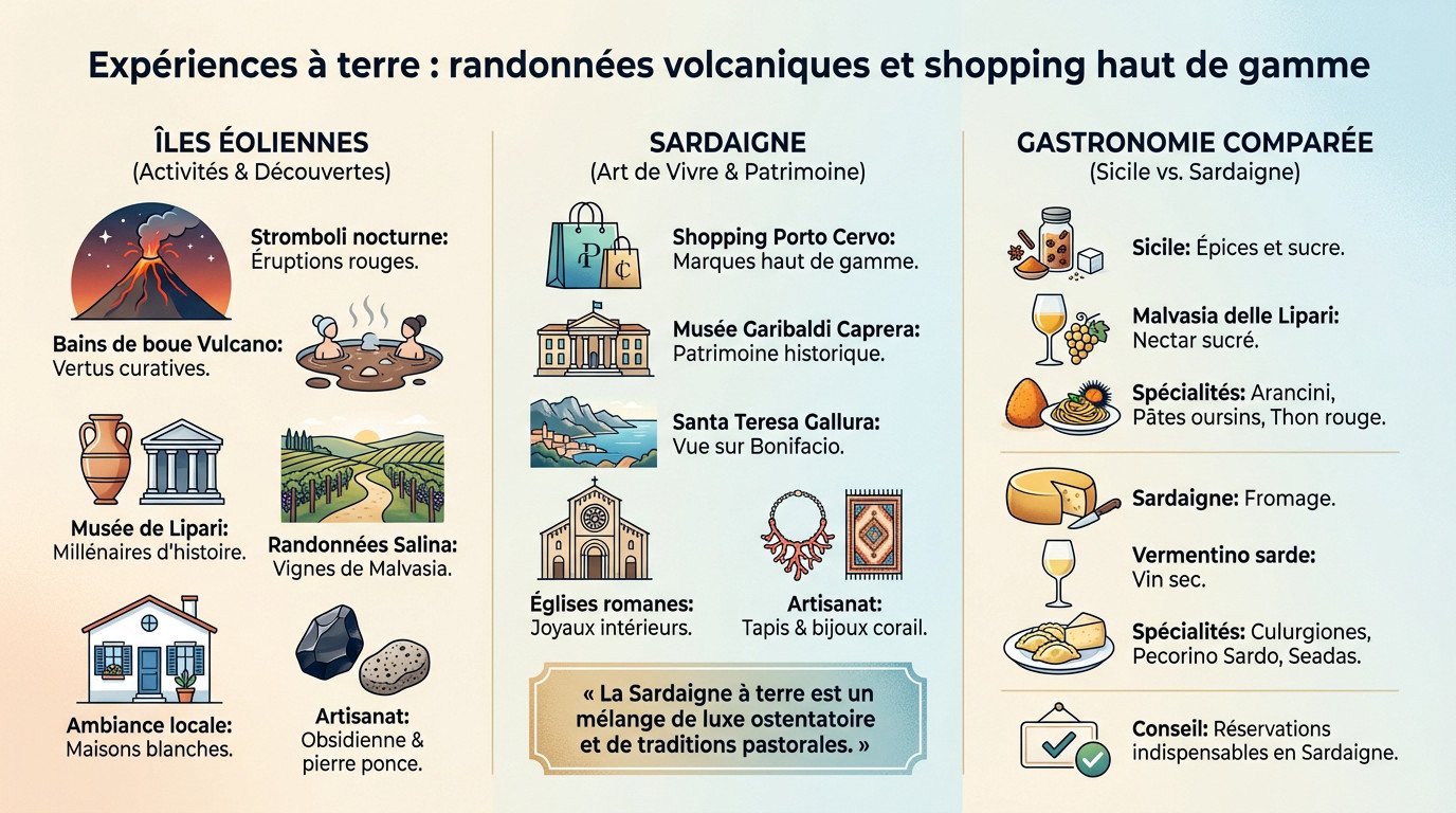 Comparaison activités terre Sicile Sardaigne : randonnée volcan Stromboli et shopping luxe Porto Cervo