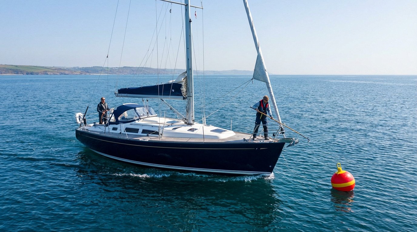 A sleek dark-hulled monohull sailboat with two crew members approaches a red and yellow mooring buoy on calm blue water under a clear sky.