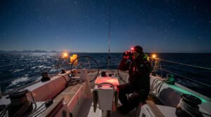 A sailor on watch at night on a sailboat, scanning the star-filled horizon with binoculars and a red headlamp. Distant mountains and glowing navigation lights visible.