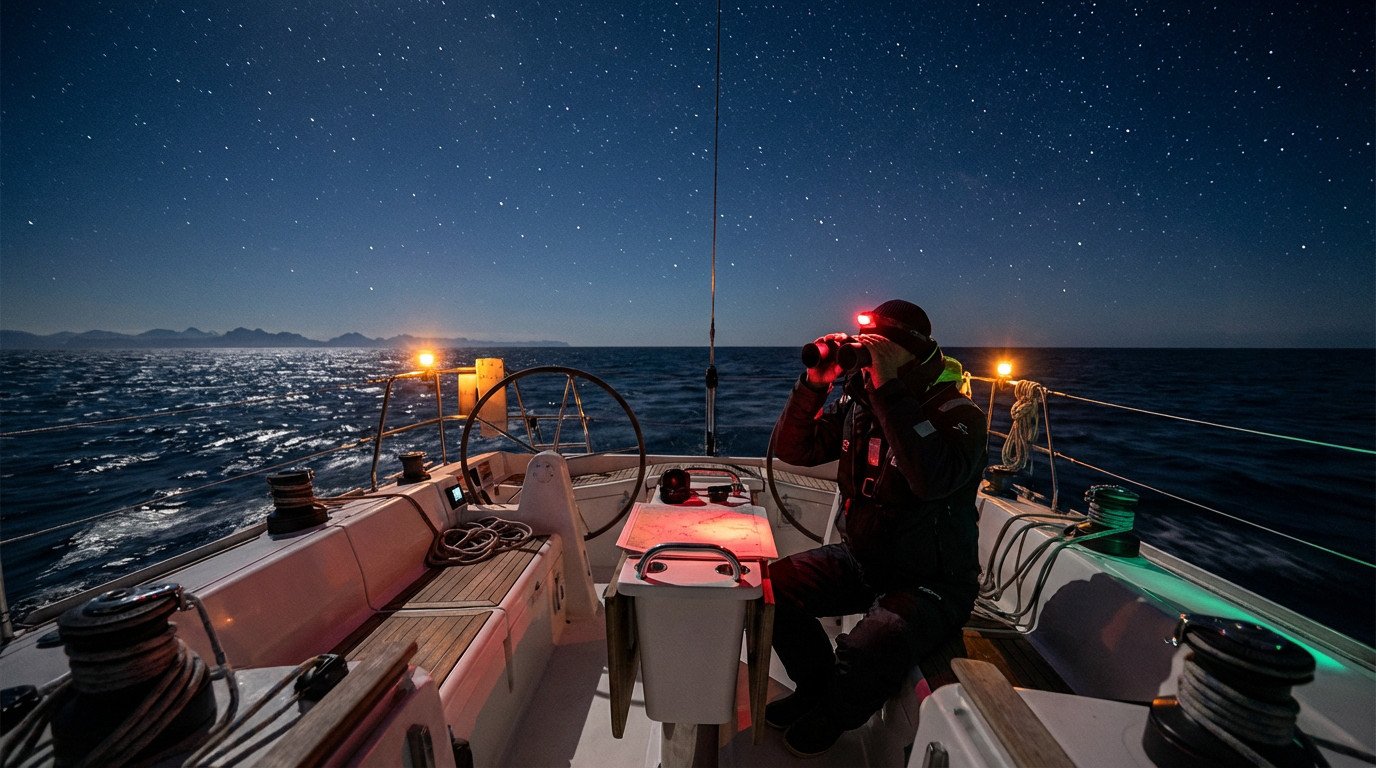 A sailor on watch at night on a sailboat, scanning the star-filled horizon with binoculars and a red headlamp. Distant mountains and glowing navigation lights visible.