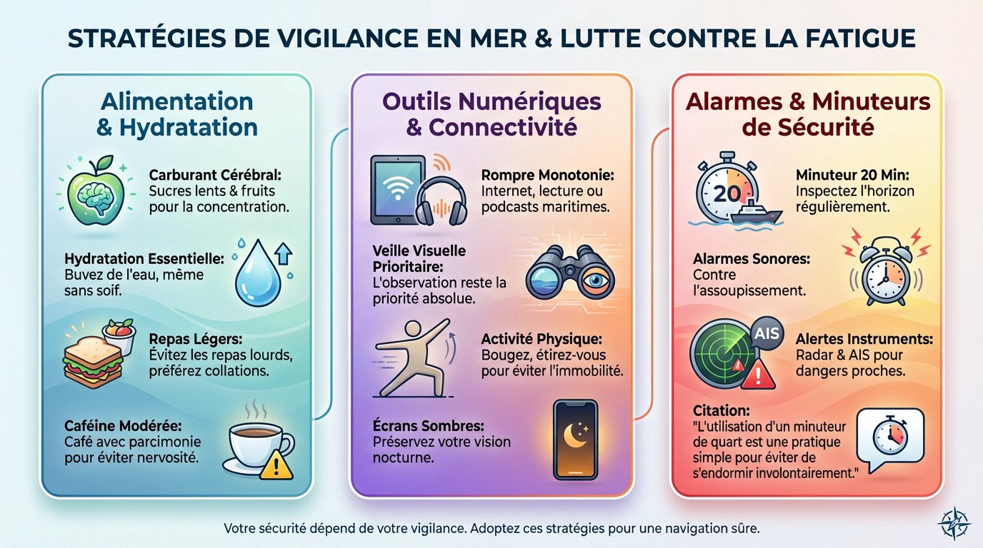 Marin vérifiant ses instruments de navigation durant un quart de nuit pour maintenir sa vigilance
