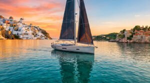 A sleek yacht sails across turquoise waters at sunset, flanked by a Greek village on the left and a Croatian town on the right.