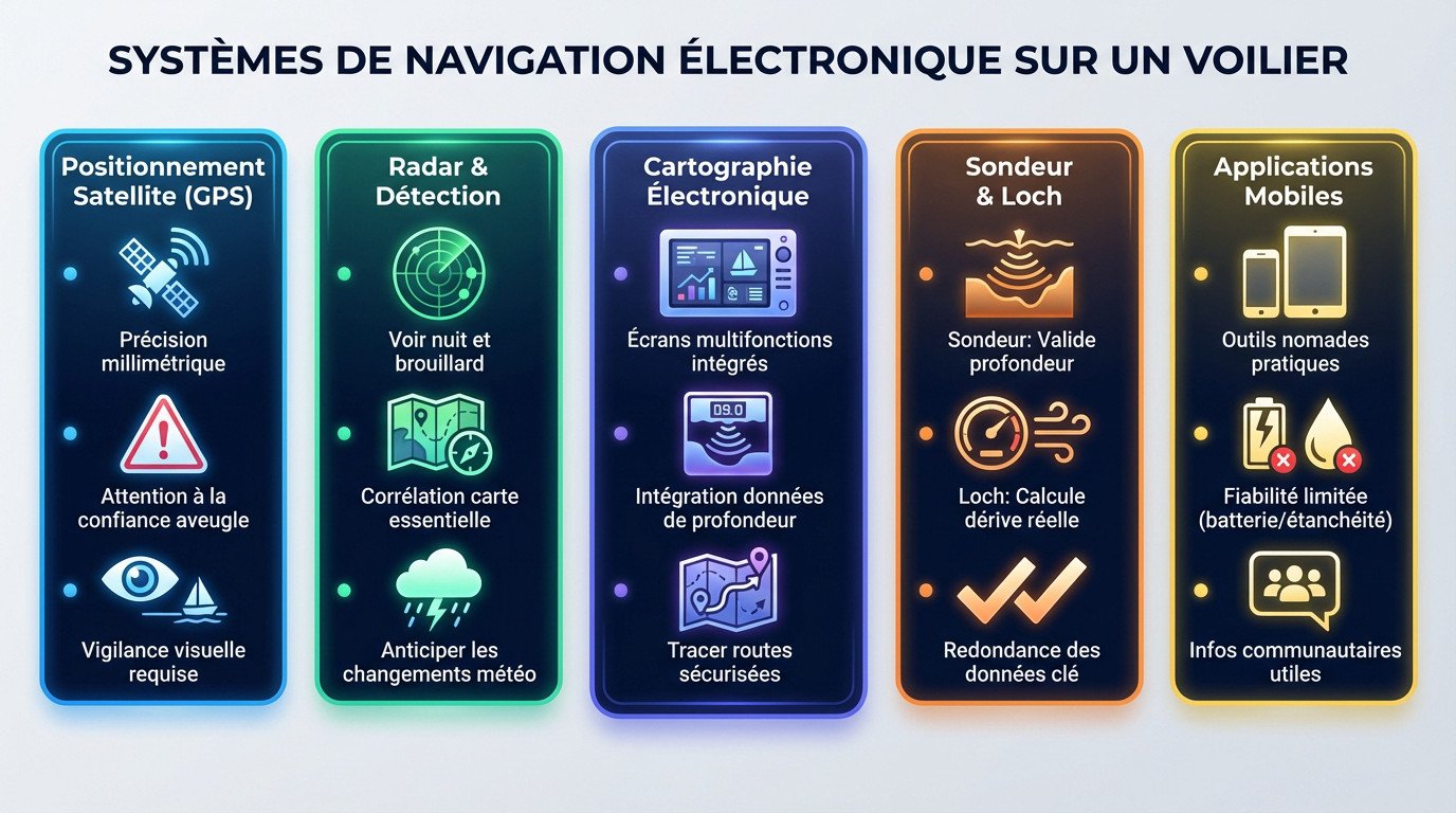 Écran multifonction affichant la cartographie électronique et les données radar sur un voilier moderne