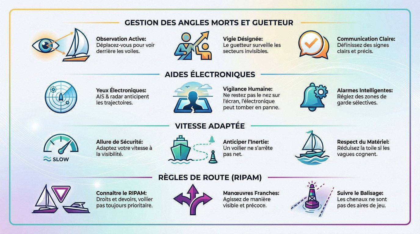 Skipper effectuant une veille attentive aux jumelles sur un voilier en mer