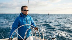 A focused male skipper in a blue jacket and sunglasses steers a sailboat on the open sea, demonstrating calm control and vigilance.