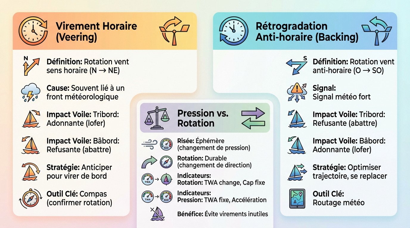 Schéma illustrant les rotations de vent Veering et Backing pour un voilier