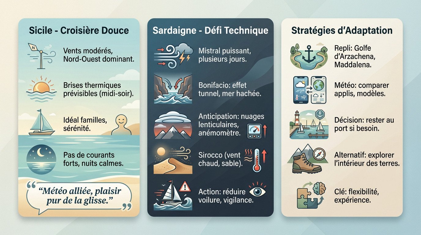 Comparaison des conditions de navigation à la voile entre la Sicile et la Sardaigne, mistral contre brises thermiques