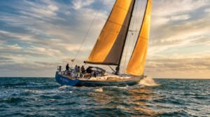 Grand voilier bleu "AURORA" avec voiles dorées naviguant sur mer agitée. Équipage à bord, ciel nuageux au coucher du soleil.