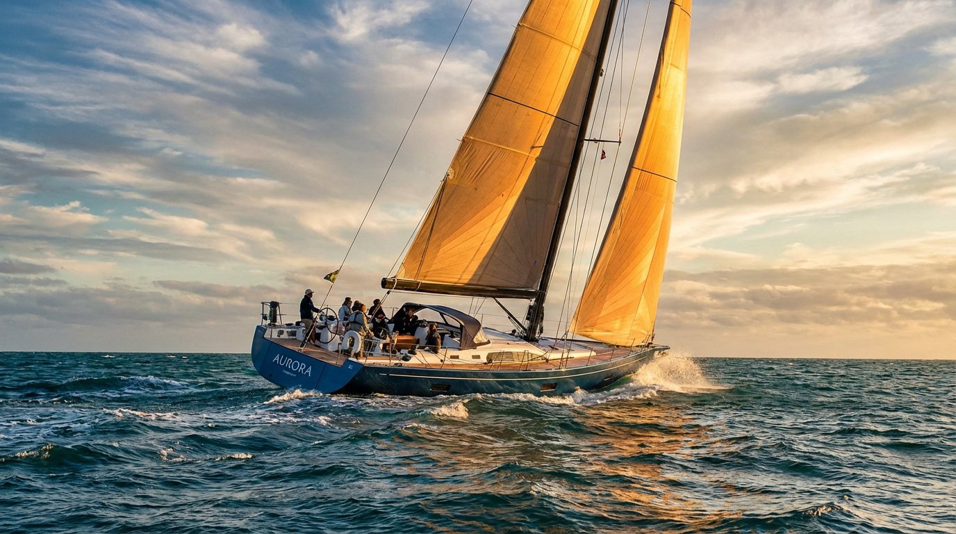 Grand voilier bleu "AURORA" avec voiles dorées naviguant sur mer agitée. Équipage à bord, ciel nuageux au coucher du soleil.