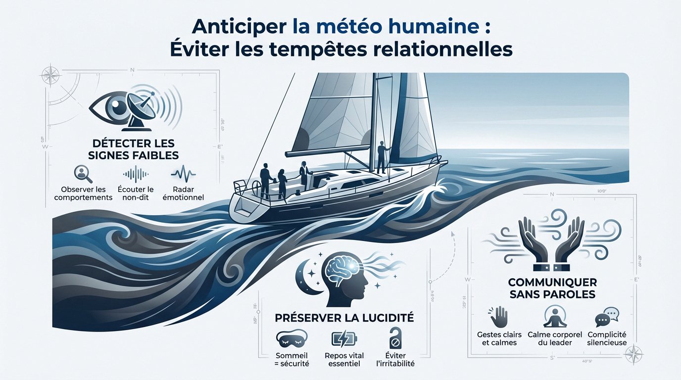 Un équipage de voilier en pleine communication durant une manœuvre par temps calme