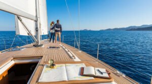 Un couple admire l'horizon sur un voilier, avec carte marine et boussole. Symbole de navigation internationale.
